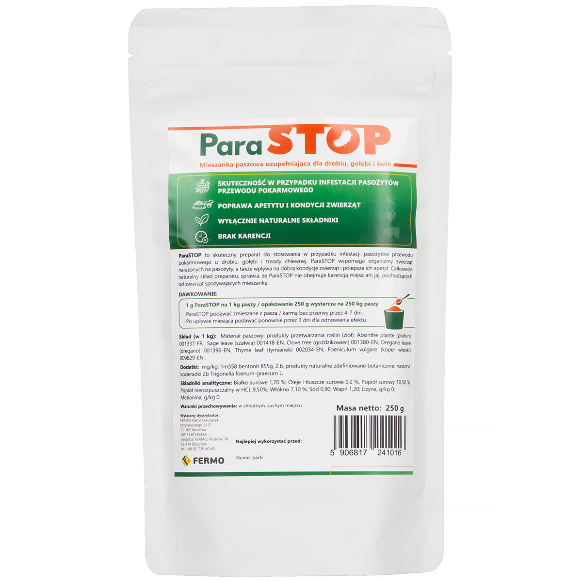 ParaSTOP mieszanka paszowa wspomagająca odrobaczanie kur niosek, drobiu, gołębi 250 g